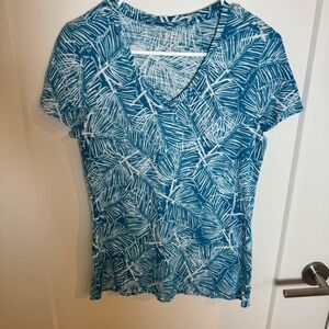 DEUX PAR DEUX Blue White Leaf Print V Neck Short Sleeve‎ T Shirt Top Women's M